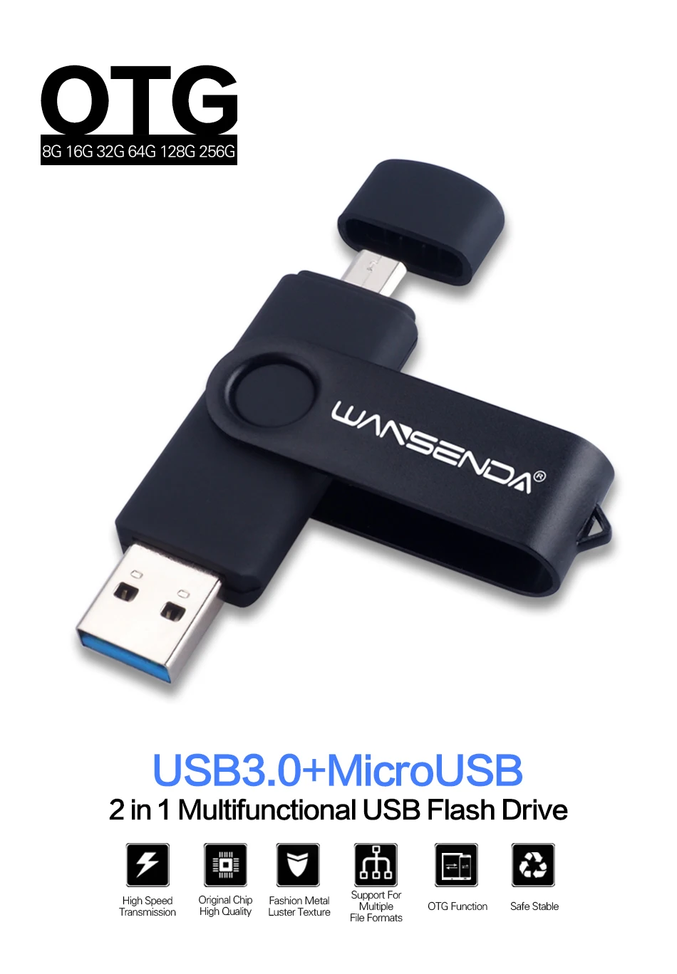 Флэш-накопитель wansenda Flash Drive 2 в 1 Micro USB Stick 3,0 накопитель 16 ГБ 32 ГБ, 64 ГБ и 128 ГБ 256 ГБ с поддержкой OTG Флэшка высокоскоростная флеш-накопитель