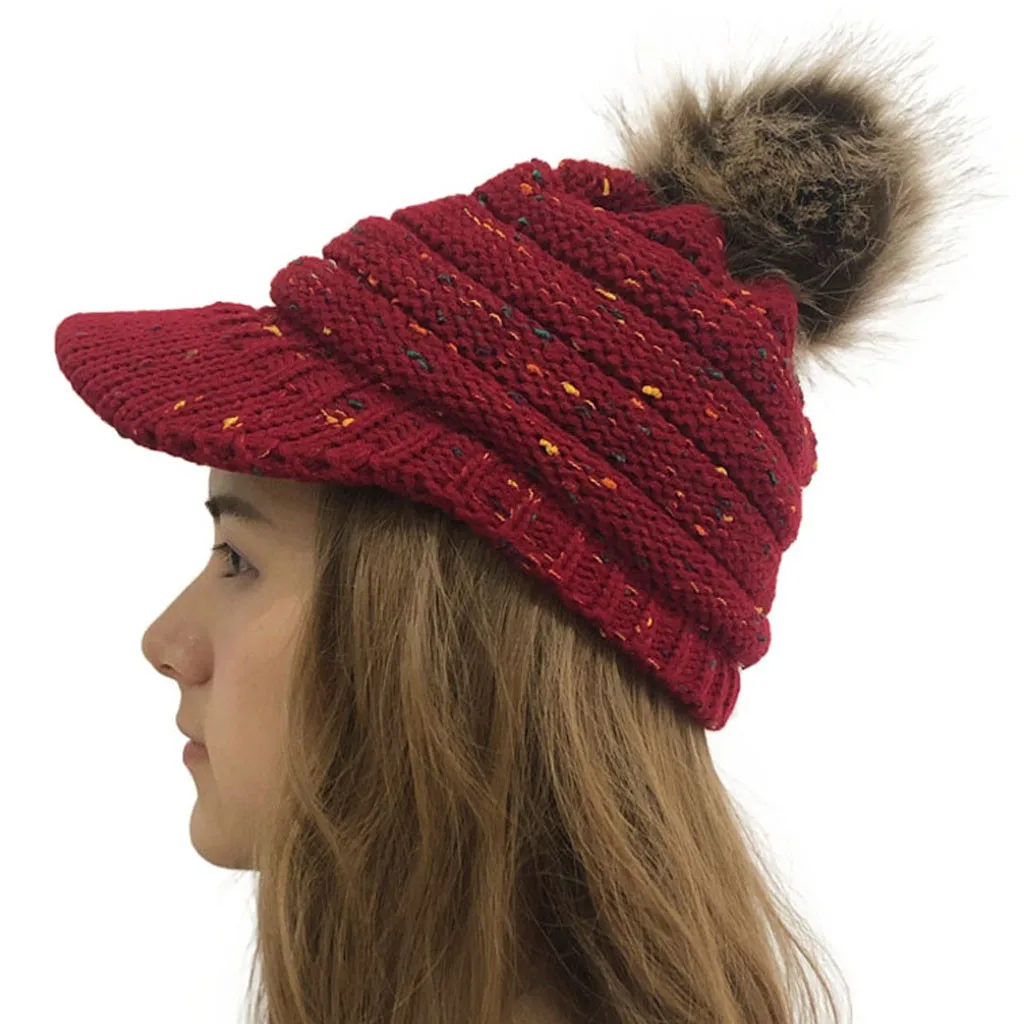 Зимняя вязаная шапка для женщин, однотонная вязаная шапка с помпоном для женщин, шапочки с черепами, Красная шапка с помпоном, теплая шапка Czapki Zimowe# Y10