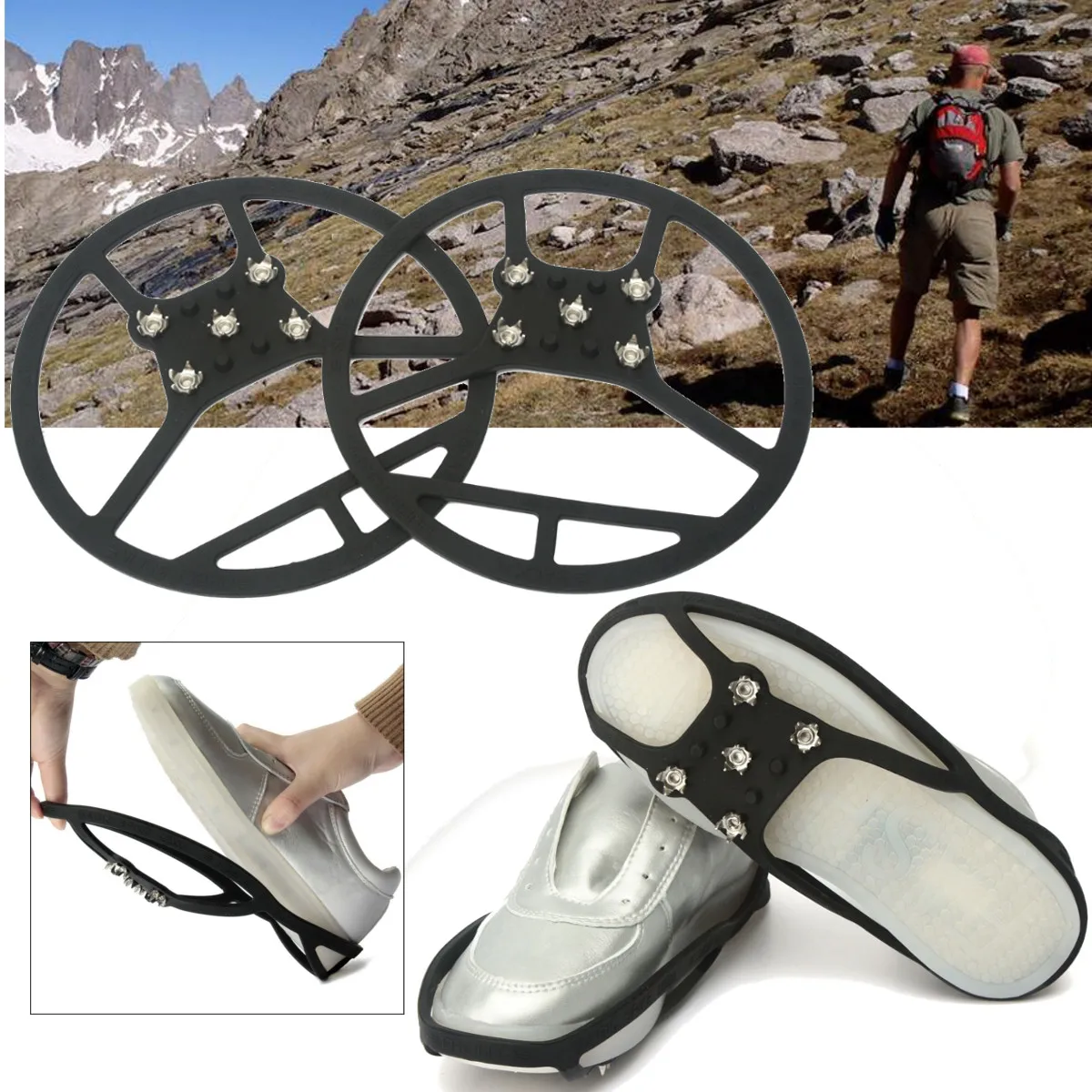 

BSAID1Pair Silica Gel Round Ice Grippers, 5 Spikes Anti-Slip Elastic Snow Ice Mud Crampons Outside Overshoes Boots Shoe Gripper