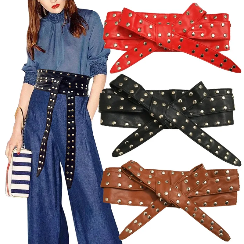 

2018 WOmen Soft PU Dress Belt Double Layers Rivet Punk Studded Cummerbund Faux Leather Girdle Corset Self-Tie Bow Waist Belts