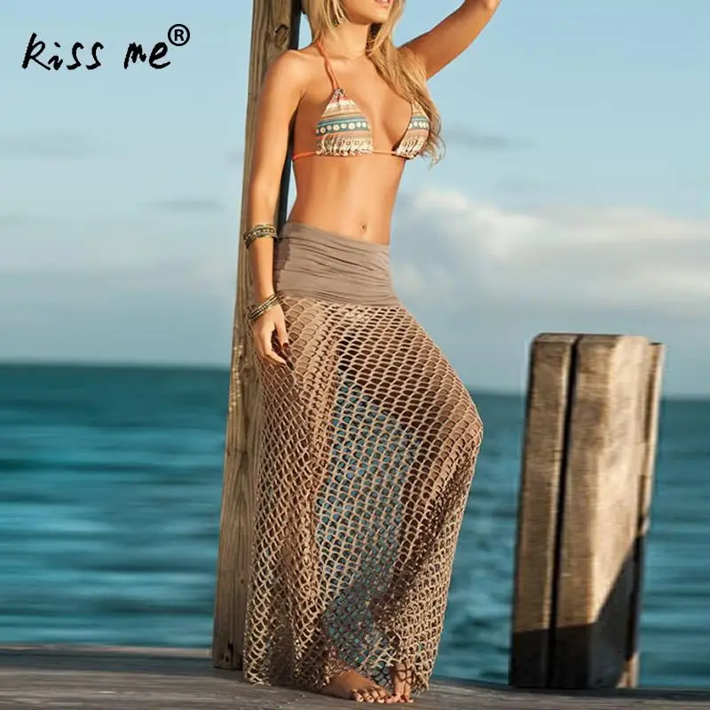 

Grid Hollow Beach Skirt Sexy Patchwork Beach Cover Up Acrylic Women's Tunic Khaki Beachwear Cover-Ups Summer Dresses for Women