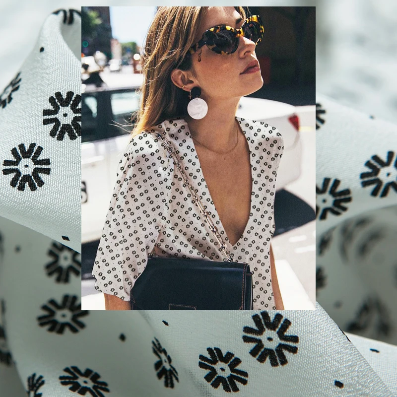 

Black and white small floral pure silk crepe de chine fabric, slight shiny, sewing for dress, skirt, blouse, craft by the yard