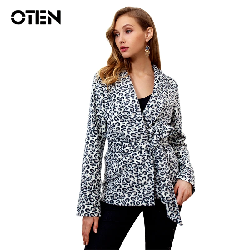 

OTEN Leopard Jacket Women Autumn Winter Sexy Long sleeve Front open Lace Up Elegant Ladies cardigan basic coat outerwear fashion