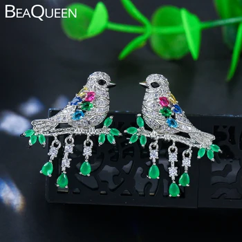 

BeaQueen Lovely Multicolor Crystal Pave Green CZ Stone Hanging Drop Bird Earrings Ladies Jewelry for Prom Dress Accessories E287
