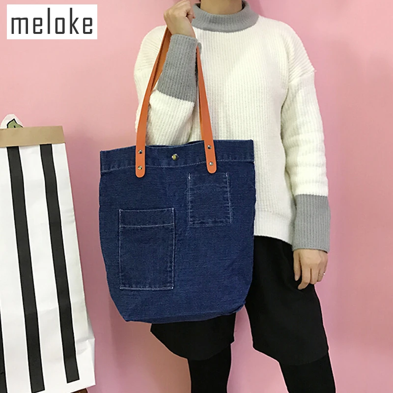 

Meloke 2018 High quality denim shoulder bags large size women shopping bags casual jeans book bags for girl 2 colors MN618