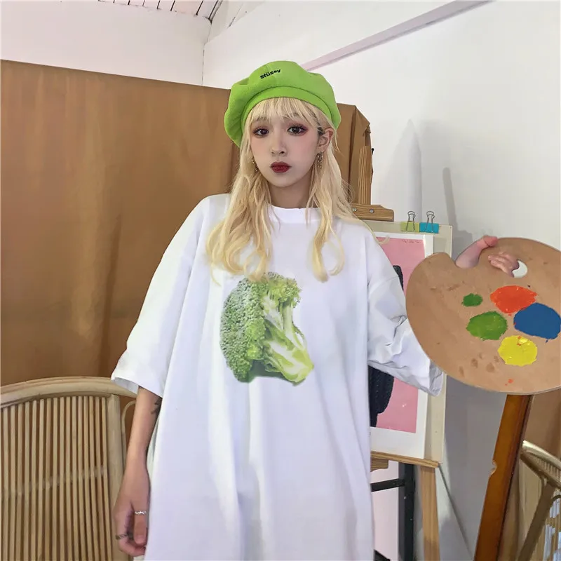 

2019 Summer Women Harajuku Vegetable Printing Short Sleeve O-Neck White T-Shirt Hip Hop Loose Casual Tshirts Tees Tops Femme