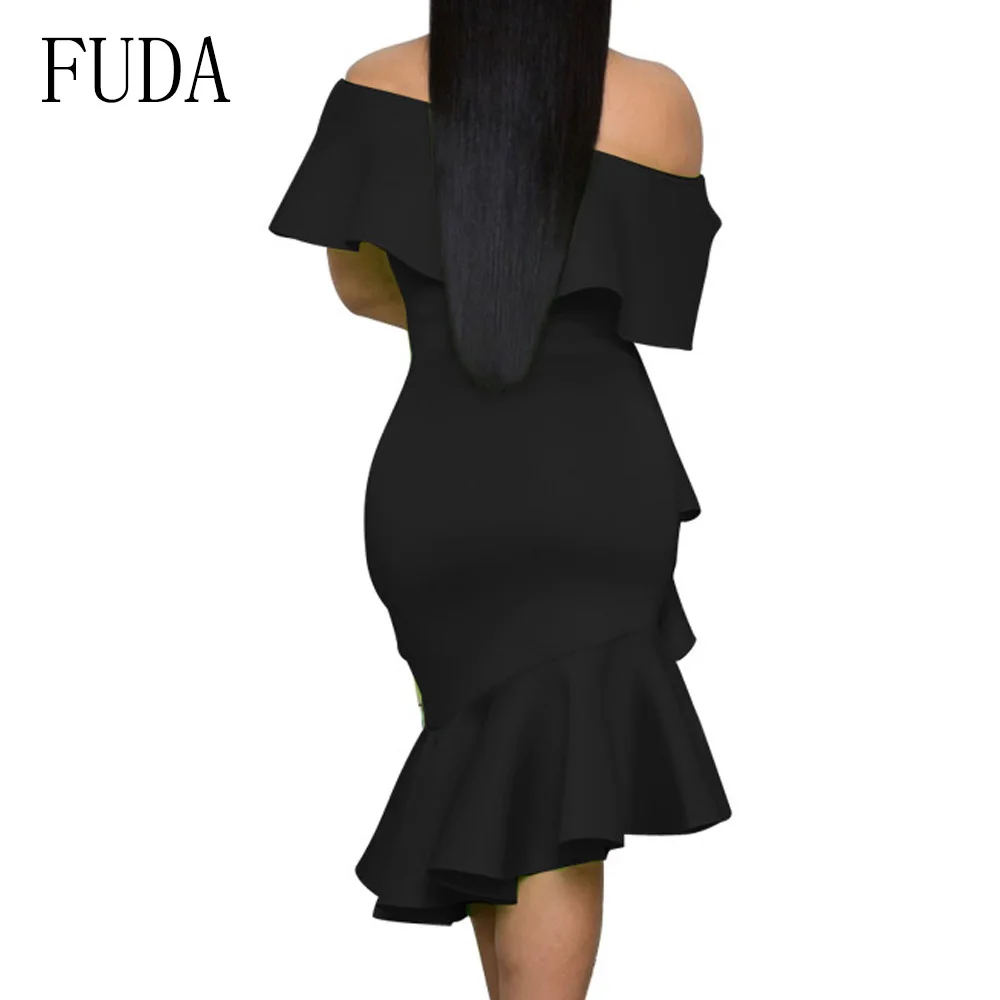FUDA Irregular Ruffles Sexy Off Shoulder Summer Dress Women Red Backless Bodycon Pencil Dress Elegant Strapless Party Dresses