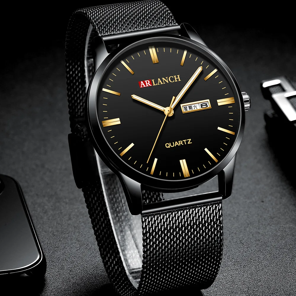 Men's Week Calendar Double Display Quartz Waterproof Watches Stainless Steel Net Belt Business Wristwatch Relogio Masculino | Наручные