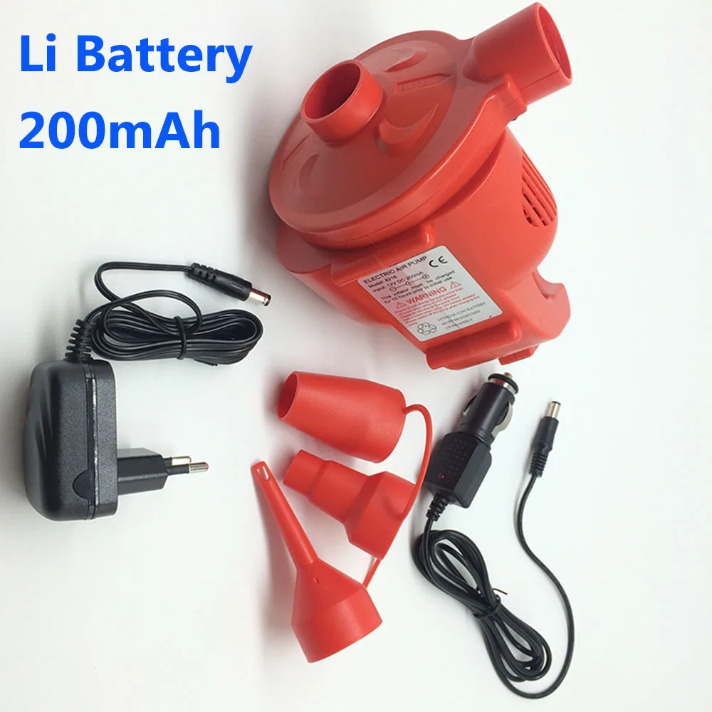 

200mAh Rechargeable Electric Air Pump AC 12V Portable Li Battery Pump Air Bed Boat Inflator Car Cigarette Lighter DC EU Adapter