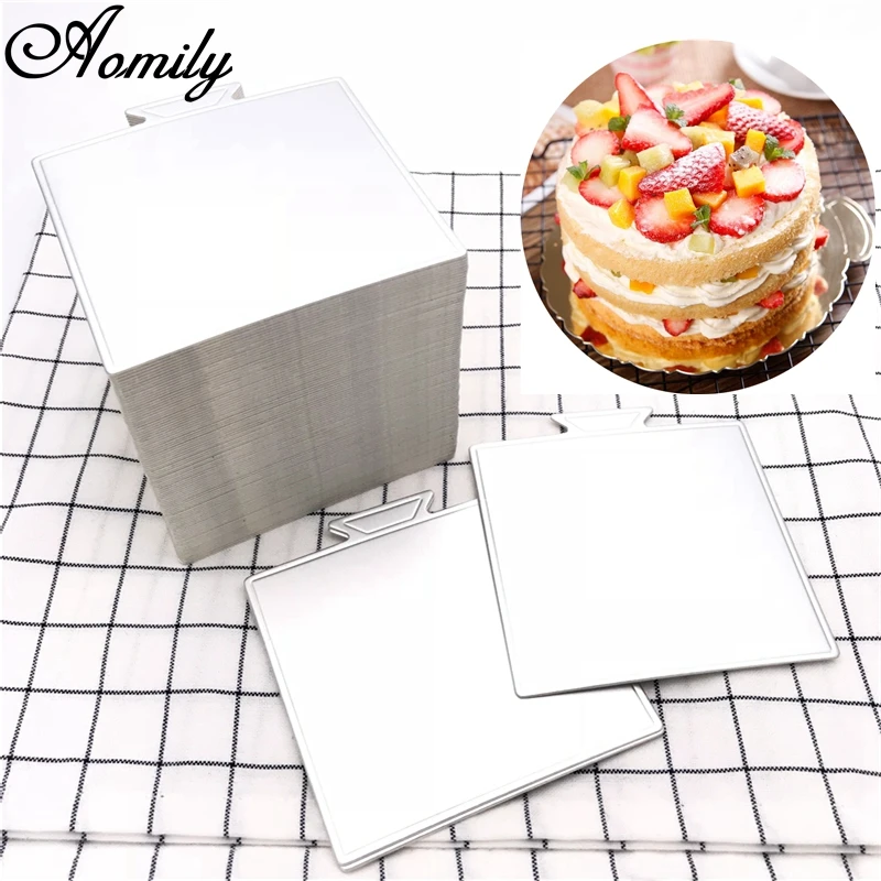 

Aomily 100pcs/Set Silvery Square Mousse Cake Boards Paper Cupcake Dessert Displays Tray Wedding Birthday Cake Pastry Decorative