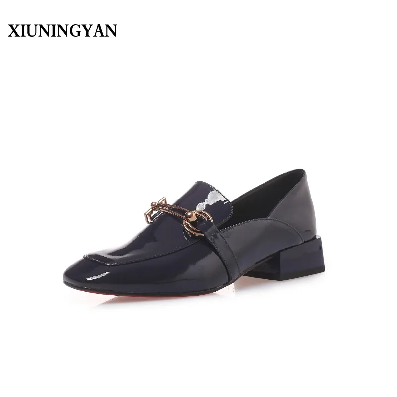 

XIUNINGYAN Hot Sale 2019 Genuine Leather Women Flats Shoes Med Square Heels Spring Summer Shoes Woman Dress Party Office Flats