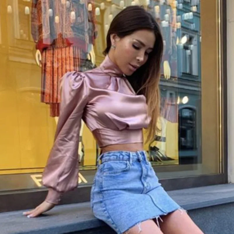 

Ahagaga 2019 Long Sleeve T-shirts Women Summer Sxey Backless Hollow Out Lace Up Crop Tops Elegant Office Ladies Short T Shirts