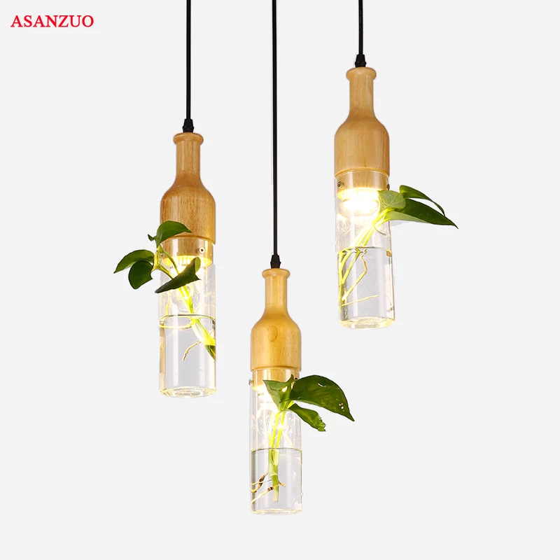 

Modern LED plant pendant lights wood glass bottle lustres luminaire industrial decor hanging lamp E27 led lampara lighting
