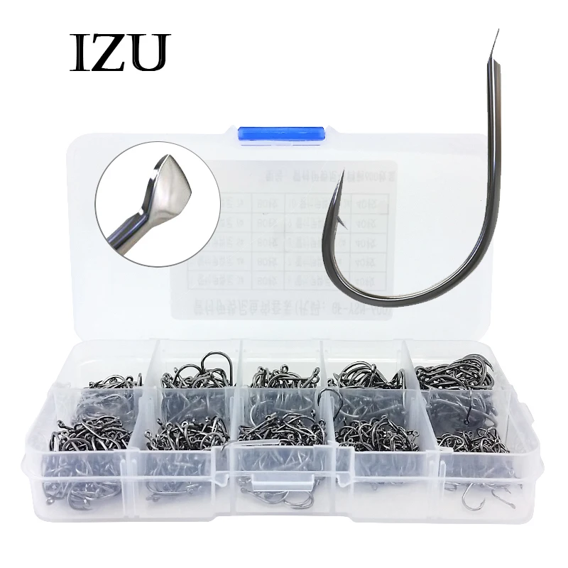 

200/300/400/500/600pcs Iseama Barbed Fishing Hooks Black Lot Circle High Carbon Steel Sharpened Bait Tackle Strong Fishhook Box