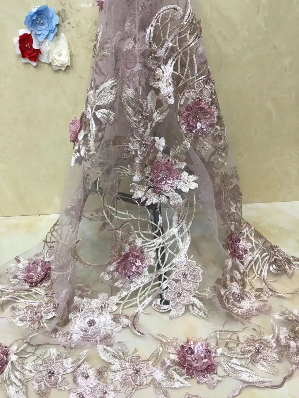 

3d flower Tulle Mesh Fabric Feathers Appliqued Embroidered Lace Fabric For Evening Dresses Wedding Party Dance