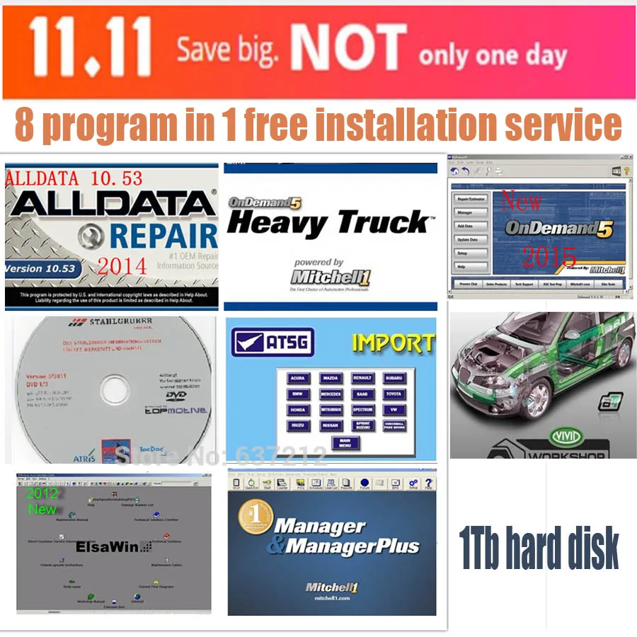 8in1 1TB HDD Software Alldata 10.53 Mitchell On Demand 2015.1 Manager Plus  Heavy Truck ATRIS ATSG