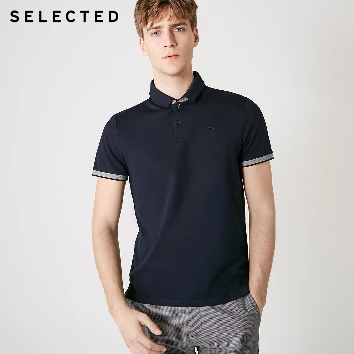 Мужская трикотажная рубашка из хлопка со стоячим воротником с короткими рукавами и полоской S | 419206563