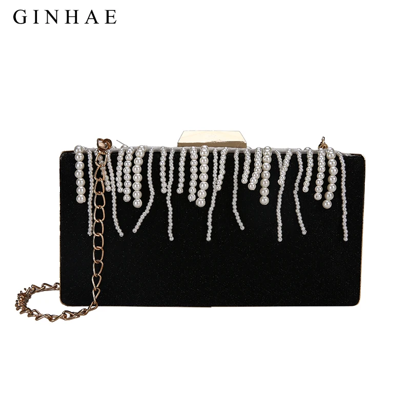 2019 New Arrival Velour Women Box Bag Ladies Pearl Tassel Design Evening Clutch Bags Small Chain Shoulder Crossbody Purse | Багаж и сумки