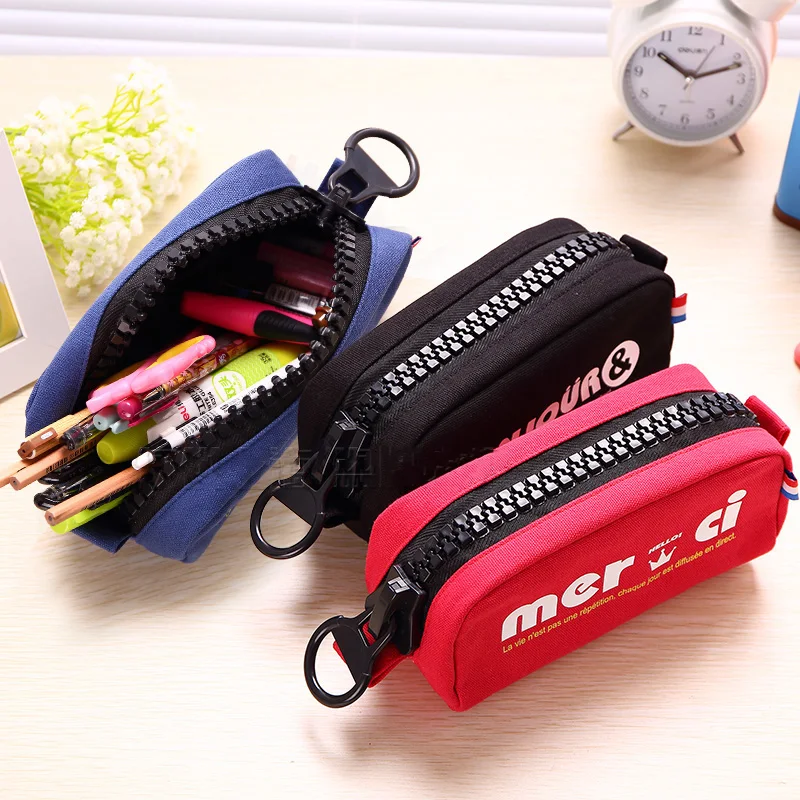 Boys Girls Simple Style Large Zipper Canvas School Pencil Case Student