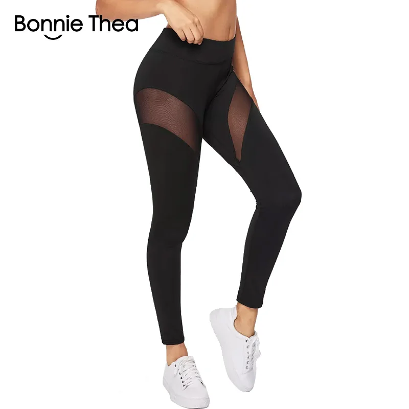 Bonnie Thea Women black patchwork Mesh Thin Leggings High Elastic
