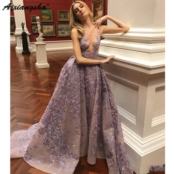 

Purple Evening Dresses 2019 A-line Tulle Lace Appliques Illusion Formal Islamic Dubai Kaftan Saudi Arabic Long Evening Gown