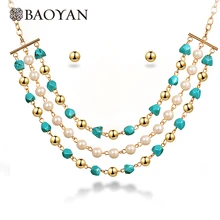 Baoyan Ручной работы синий натуральный камень свадебный ювелирный набор золото нержавеющая сталь африканская бирюза жемчужные бусы Набор украшений для женщин