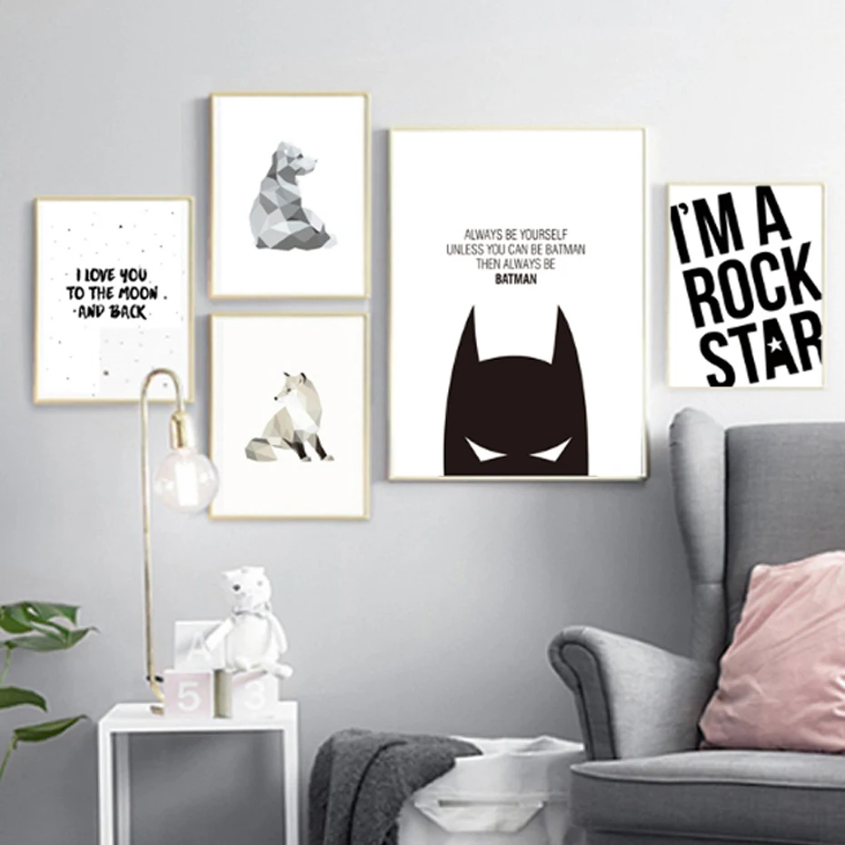 

Black and White Nursery Posters Canvas Painting Batman Wall Art Prints Nordic Pictures for Kids Rooms Decoration Unframed