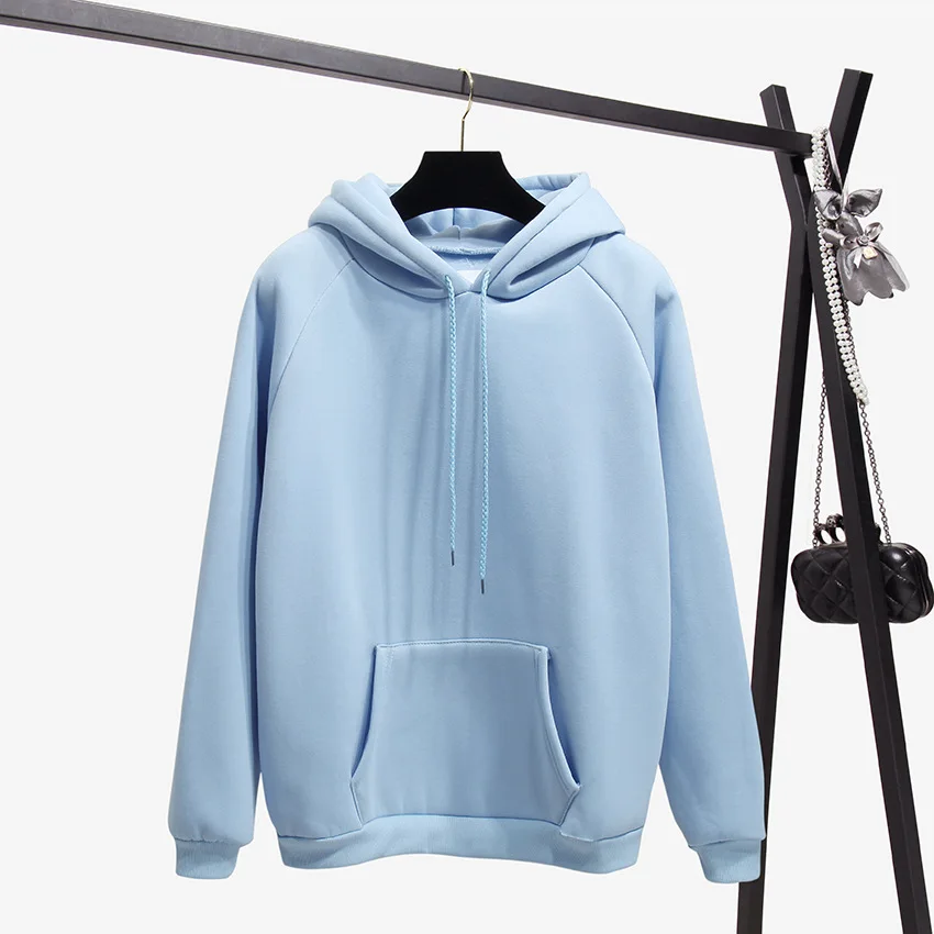 Kaufen 2018 mode Einfarbig Herbst Und Winter Plus Samt Lose frauen Sweatshirt Mit Kapuze Kragen Langarm Casual Sky Blue Hoodie