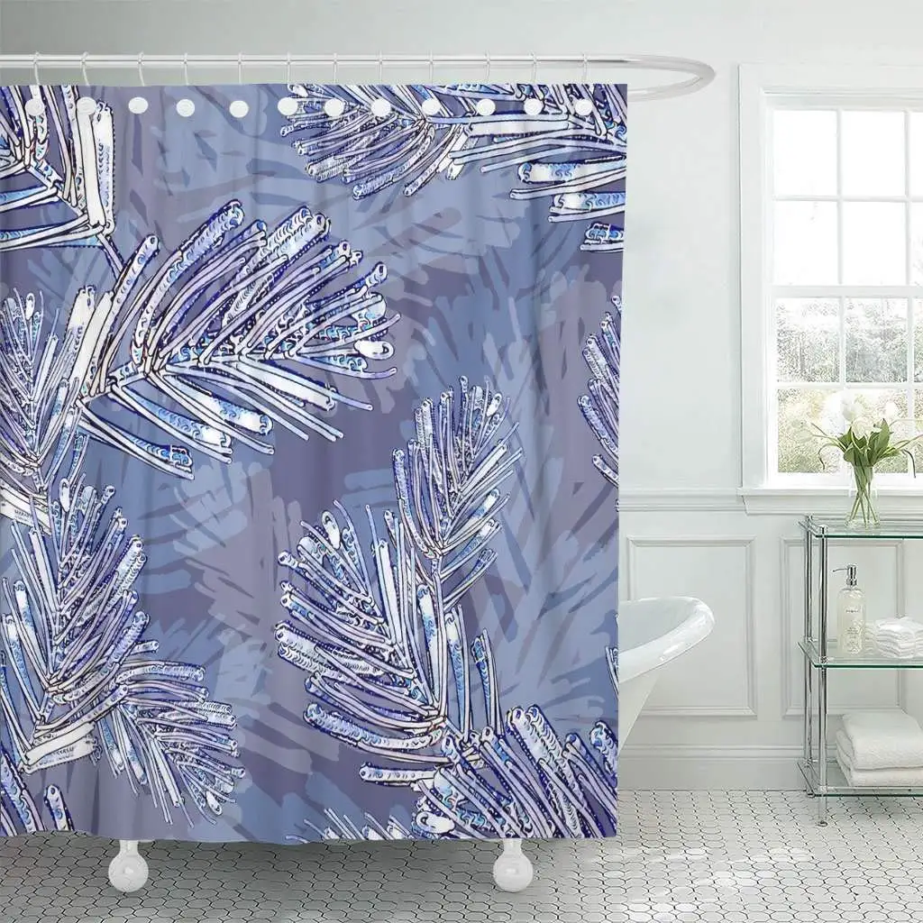 Занавеска с крючками для душа Синяя абстрактная елка ветви Акварельная ручная