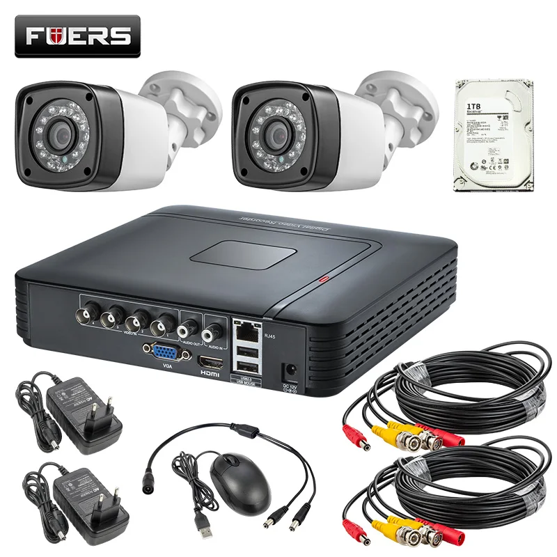 FUERS 4CH DVR система безопасности 2 шт Крытая наружная камера с 1ТБ 2ТБ HDD 4.0MP