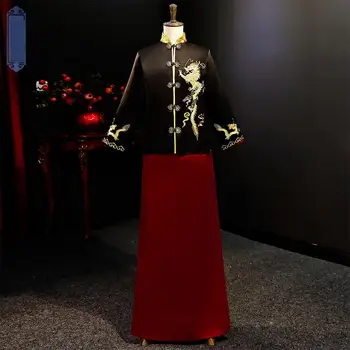 

Black Top Quality Embroidery Chinese Men Costume Mandarin Collar Cheongsam Vintage Button Vestidos Noble Classic Tang Suit