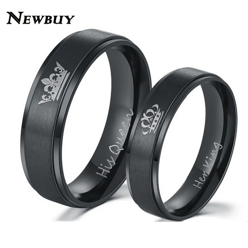 

NEWBUY Fashion Couple Wedding Jewelry Black/Silver Color His Queen And Her King Stainless Steel Ring For Lovers
