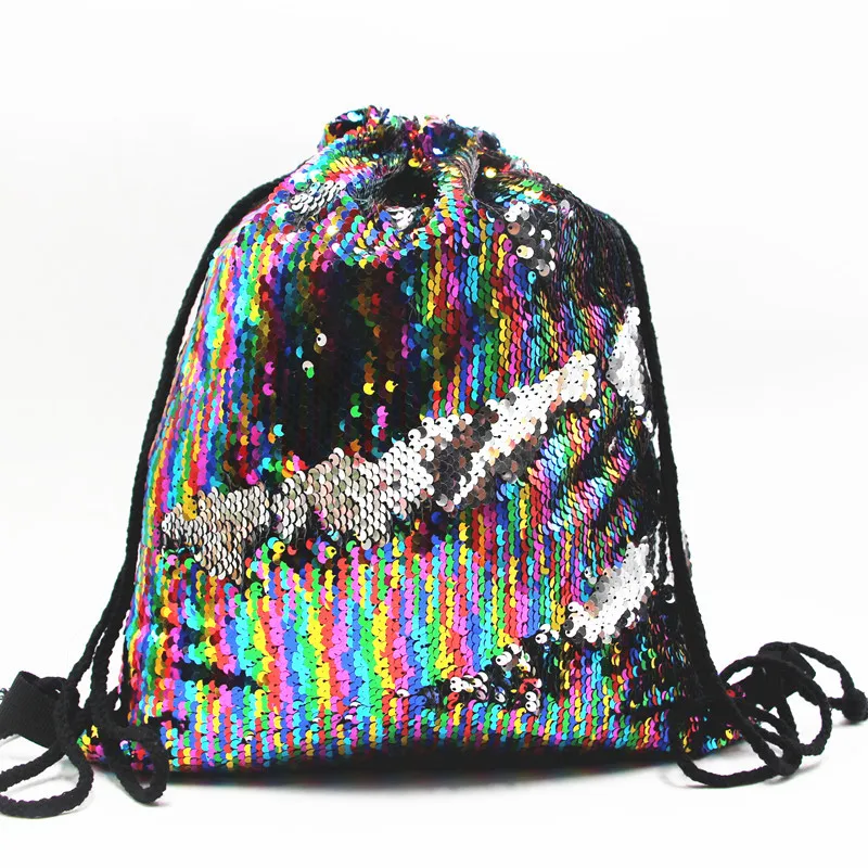 

Mermaid sequins backpack glittering bag double-sided flashing drawstring backpack ladies beach bag running chest strap drawstrin