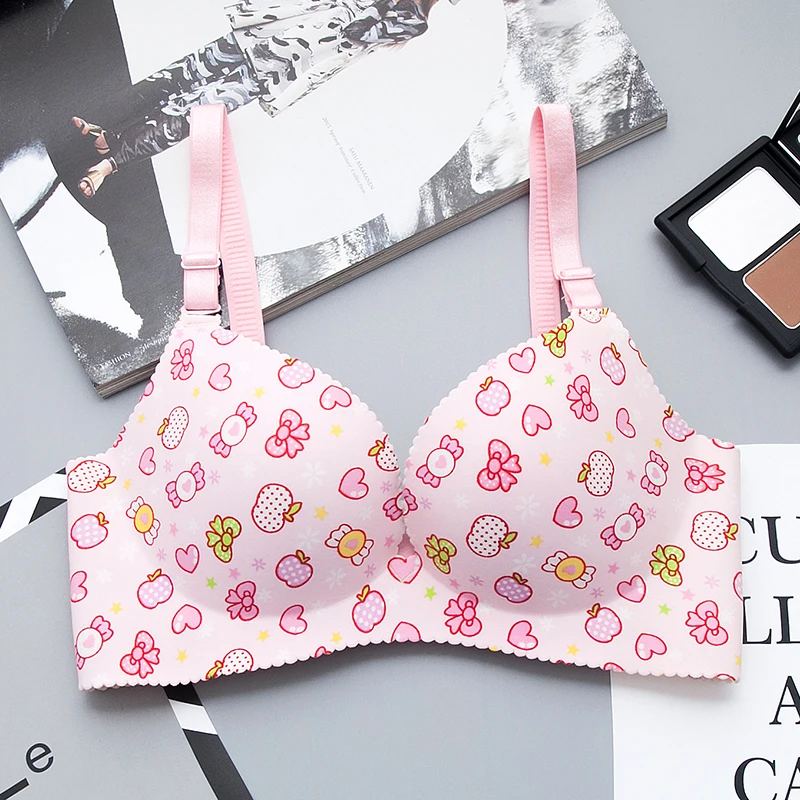 

2018 New Woman Young Girl Push Up wire free Bra French Romantic Gathered bra printed cat bra cute sweet bra underwear