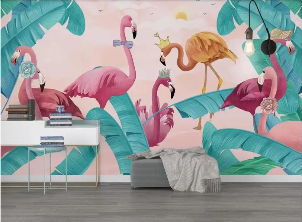 

Modern three-dimensional creative tropical plant flamingo TV bedroom living room background wallpaper mural