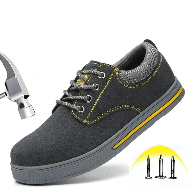 

Male Steel Toe Cap Cow Suede Leather Work Safety Shoes Men's Breathable Anti-slip Puncture Proof Construction Industrial Shoes