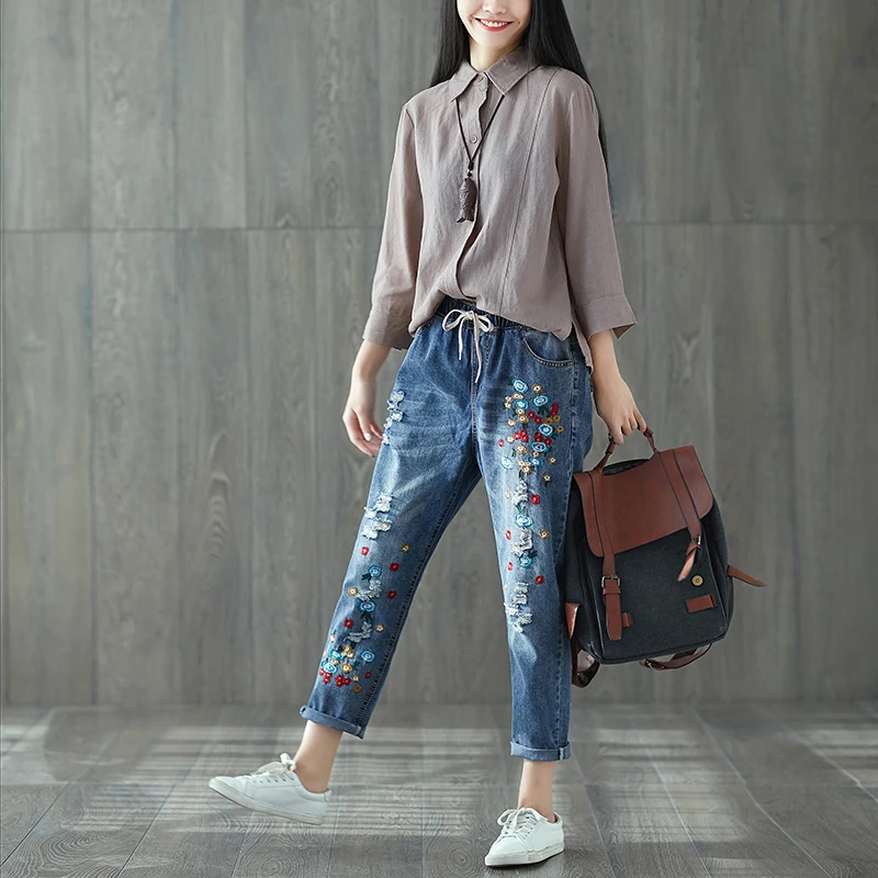Весенние свободные женские джинсы с цветочной вышивкой, Новые повседневные винтажные отбеленные джинсы-шаровары длиной до щиколотки с эластичной резинкой на талии, B249