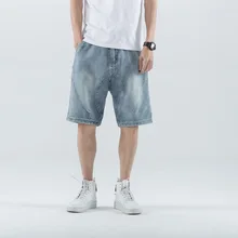 Летние хлопковые джинсовые шорты мужские джинсы с карманами длиной до колен светло-голубые 28-40