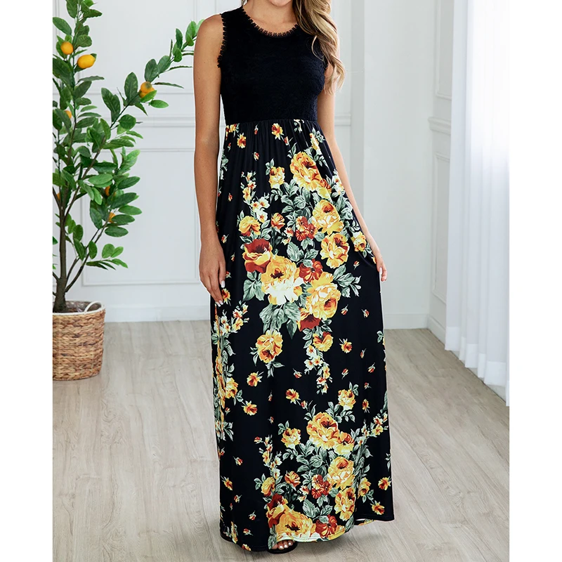 

2019 Summer Sexy Lace Pocket Long Dress Floral O-Neck Sleeveless Female Dress Empire Black Navy Blue Elegant Women Dress PL506G