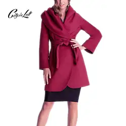 Для женщин зима-осень шерстяное пальто замши большой воротником с длинным рукавом талии регулируется элегантный тонкий длинный плащ