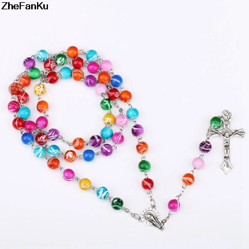 

8MM New Arrival Polymer Clay Round Bead Catholic Rosary Necklace Statement Colorful Beads Cross Religious Necklaces