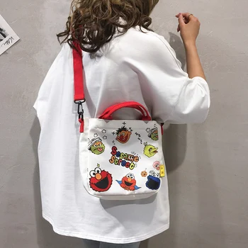 

Ins canvas bag small Messenger 2020 new Korean version of the wild Sesame Street shoulder portable Harajuku wind clot