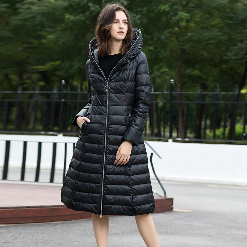 Elegant Thicken Winter Warm Zipper Parkas 90% White Duck Down Coats Women Overcoats OL Ladies Hooded Long Outerwear Waterproof