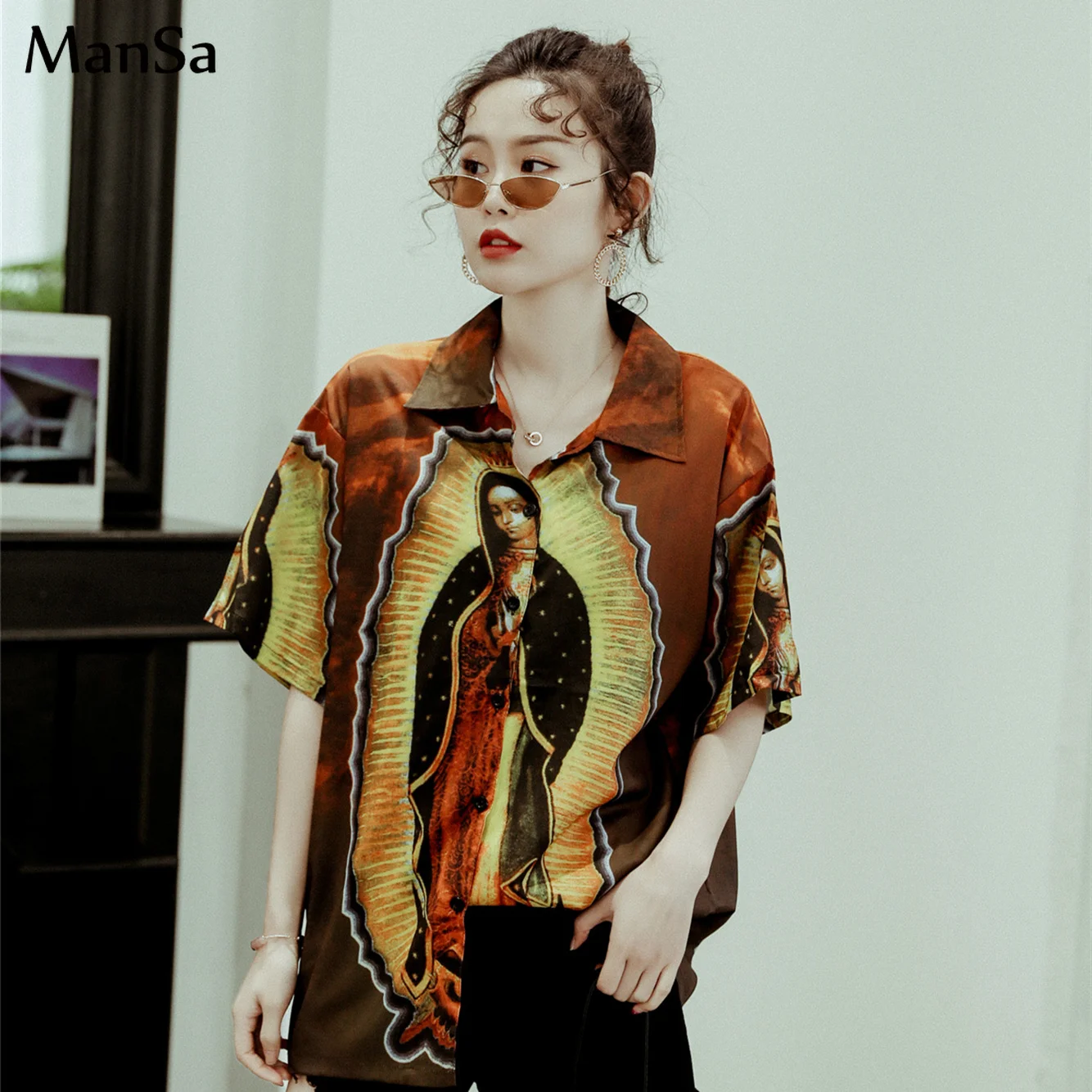 

summer vintage Creative pattern blouses harajuku short sleeve printing Couple shirts female casual oversize chic tops streetwear