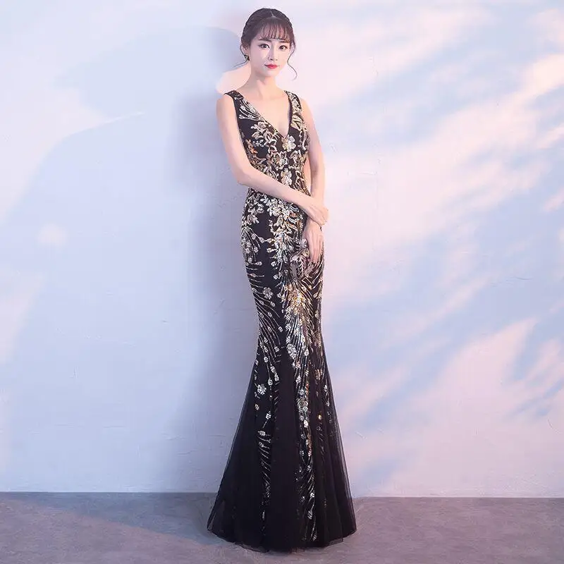 Невесты Вечерние чонсам, Восточный стиль Для женщин Элегантный тонкий платье Мода китайский Стиль Свадебные Длинные Qipao роскошный халат Vestido S-XXL - Цвет: Black - Gold