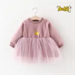 2018 г. vestido infantil han/платье для девочек, зимняя одежда для детей с бархатом, оптовая продажа, однотонная вуаль с короной