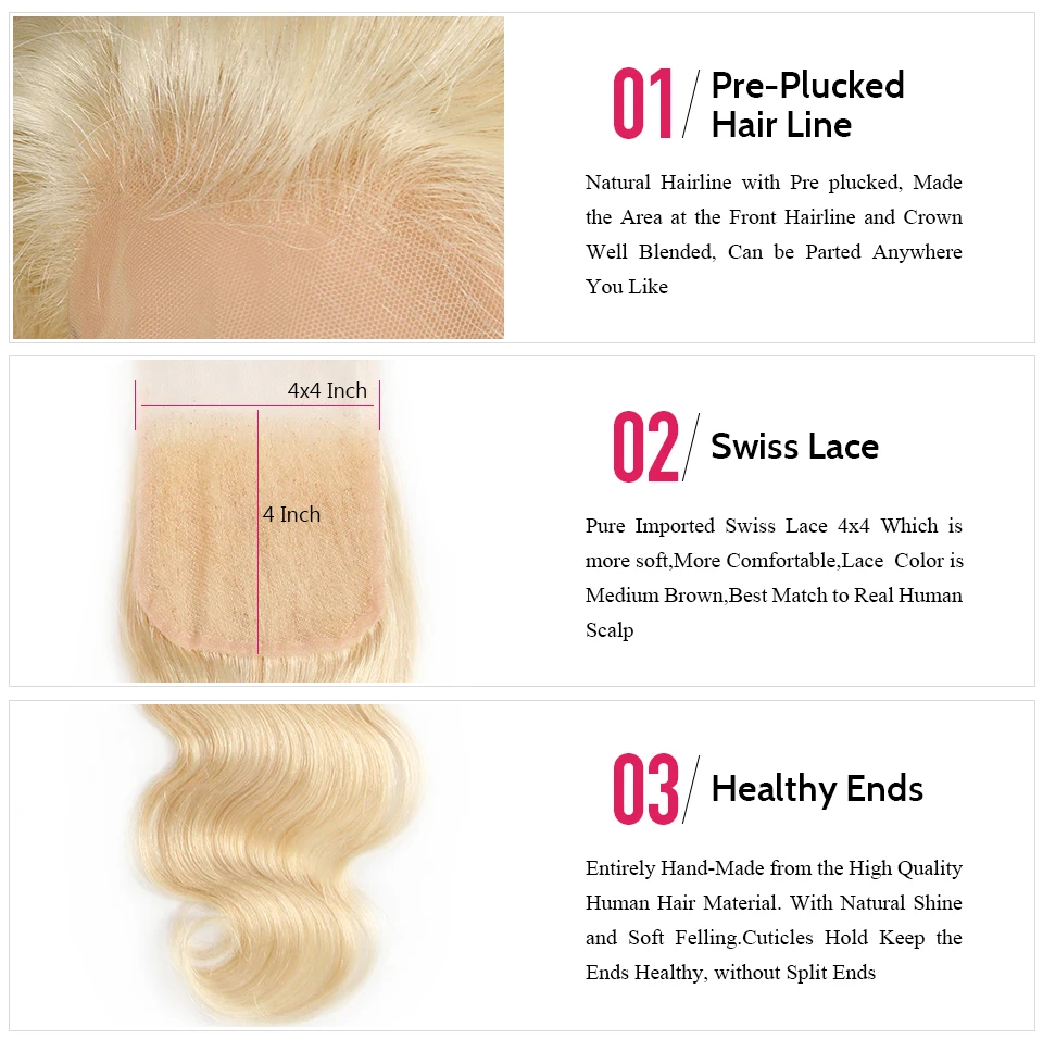 613 Blonde Hair Extensions Free Part Remy Human Hair Closure (3)