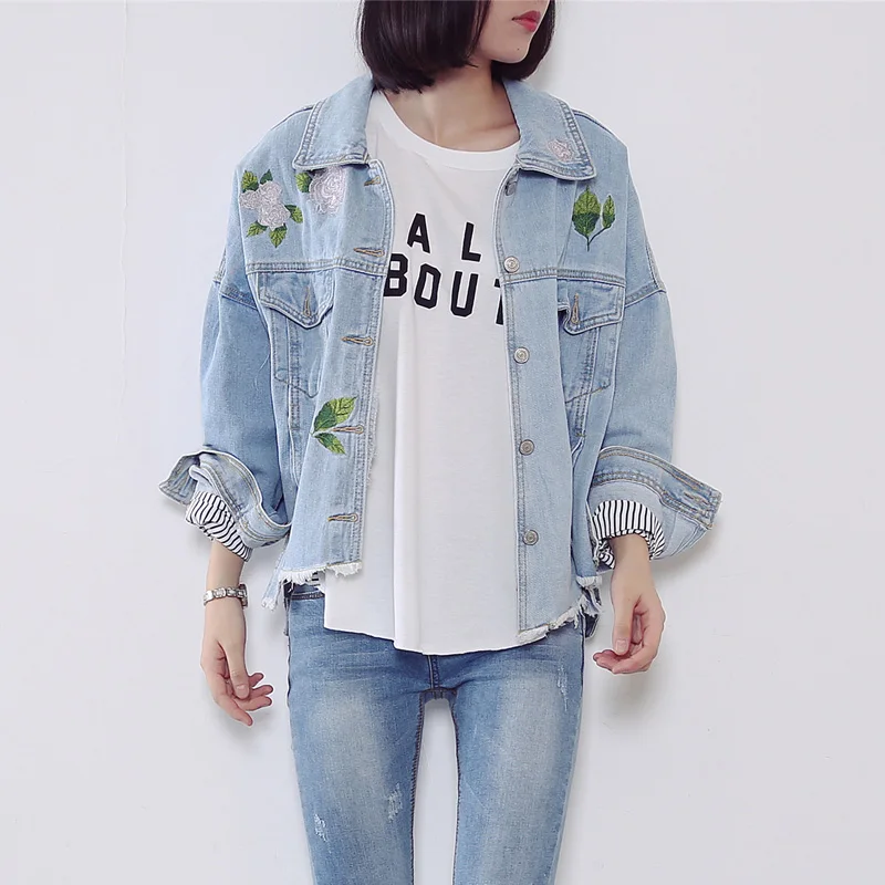 

Casual Flower Embroidered Female Denim Jacket Spring Vintage Blue Bomber Jeans Jacket Loose Irregular Bottom Boyfriend Coats