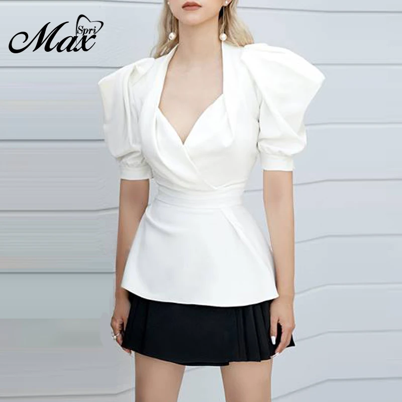 

Max Spri 2019 New Sexy Ruffles Short Sleeve V Neck White Top With Black Mini Skirt Women Lady Office Work Sets