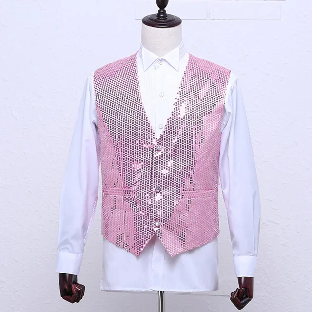 Shiny Silver Sequin Vest Men Single Breasted Mens Glitter Dress Vests